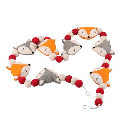 Fox Spirit,'Fox-Themed Red and White Wool Felt Garland from India'