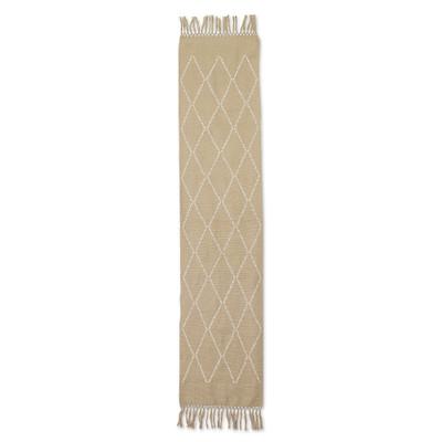 'Hand-Woven Green Cotton Table Runner with Diamond Motifs'