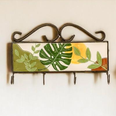 'Hand-Painted Leafy White Iron and Laurel Wood Key Rack'