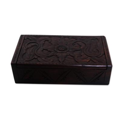 Secret Lotus,'Suar Wood Handcrafted Decorative Box with Lotus Carving'