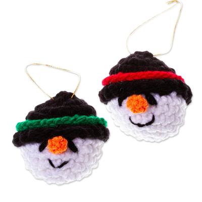 Snowman Smiles,'Handmade Crocheted Snowman Head Ornaments (Pair)'