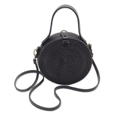 Pitch Black,'Black Round Woven Bamboo Shoulder Bag or Handbag'