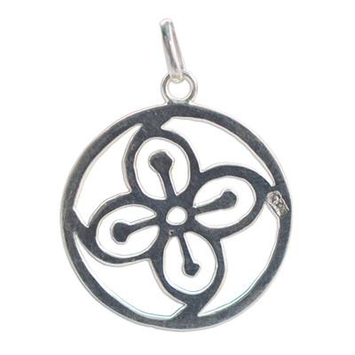 Abundance Core,'Sterling Silver Round Pendant with Flower Icon from Ghana'