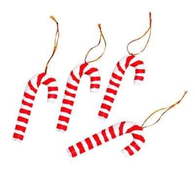 Santa Cane,'Set of 4 Red and White Candy Cane Albesia Wood Ornaments'