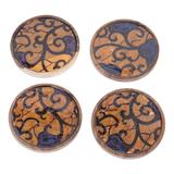 'Set of Four Floral and Vine-Patterned Yellow Wood Coasters'