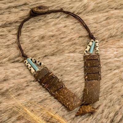 Trendy Timber,'Coconut Shell & Ceramic Statement Necklace with Cotton Cord'