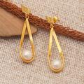 Trendy Grace,'Polished 18k Gold-Plated Cultured Pearl Dangle Earrings'