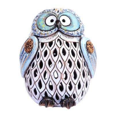 'Handcrafted Painted Blue Owl-Shaped Ceramic Tealight Holder'