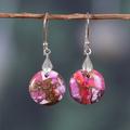 Moon of Sweetness,'Pink and Red Round Composite Turquoise Dangle Earrings'