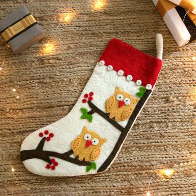 'Handmade Applique Wool Felt Owl-Themed Christmas Stocking'