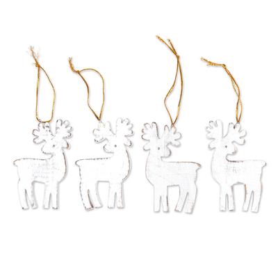 Snowy Reindeer,'Set of 4 White Albesia Wood Holiday Reindeer Ornaments'
