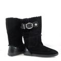 Coach Shoes | Nib Coach Mishka Buckle Logo Button Suede/Shearling Mid Shaft Flat Boots 7.5 | Color: Black/Silver | Size: 7.5