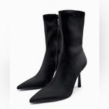 Zara Shoes | New Zara Heeled Black Stretchy Nylon Pointed Toe Ankle Boots 3124/010 Size 10 | Color: Black | Size: 10