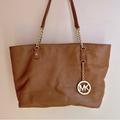 Michael Kors Bags | Michael Kors Brown Leather Purse Handbag Tote With Mk Monogram Keychain | Color: Brown/Tan | Size: Os