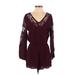 BB Dakota Casual Dress - Mini Plunge Long sleeves: Burgundy Print Dresses - Women's Size Small