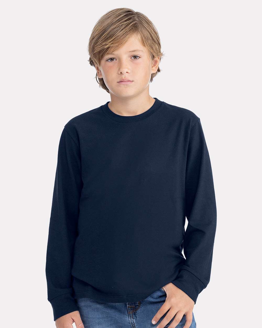 Next Level 3311NL Youth Cotton Long Sleeve T-Shirt in Midnight Navy Blue size Medium | combed ringspun cotton fine jersey 3311