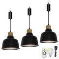 FSLiving Pendant Light with Rechargeable Battery Operated LED Bulb RGB Mode Dimmable Timing Lamp Adjustable Wire Length Hanging Light Retro Black Metal Shade E26 Wooden Base for Depot - Set of 3