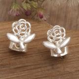 Baby Rose,'Openwork Sterling Silver Rose & Leaf Stud Earrings from Bali'