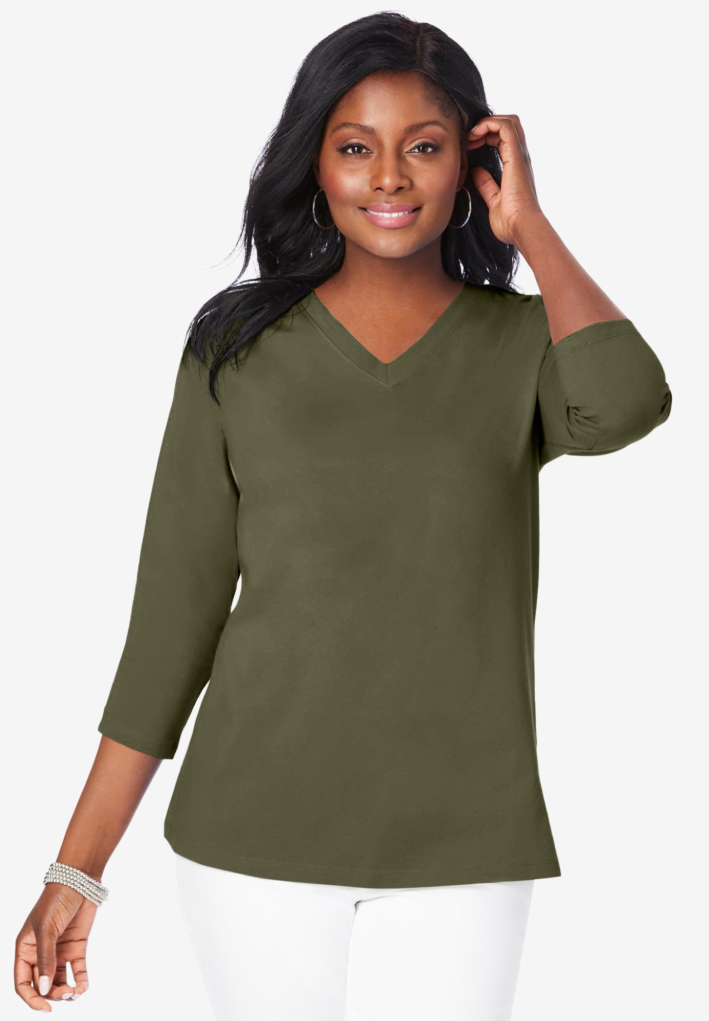 Plus Size Women's Stretch Cotton V-Neck Tee by Jessica London in Dark Olive Green (Size 12) 3/4 Sleeve T-Shirt