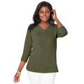 Plus Size Women's Stretch Cotton V-Neck Tee by Jessica London in Dark Olive Green (Size 12) 3/4 Sleeve T-Shirt