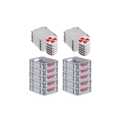 PROREGAL SparSet 10x Eurobox NextGen Color mit Auflagedeckel & Verschlüsse, HxBxT 12x30x40cm, 11L, Grau, Griffe rot offen, Eurobehälter, Box Image