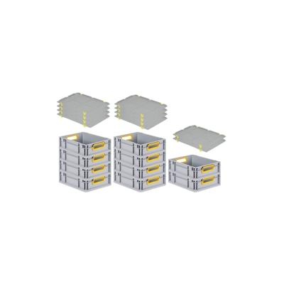 PROREGAL SparSet 10x Eurobox NextGen Color mit Auflagedeckel & Verschlüsse, HxBxT 12x30x40cm, 11L, Grau, Griffe gelb offen, Eurobehälter Image