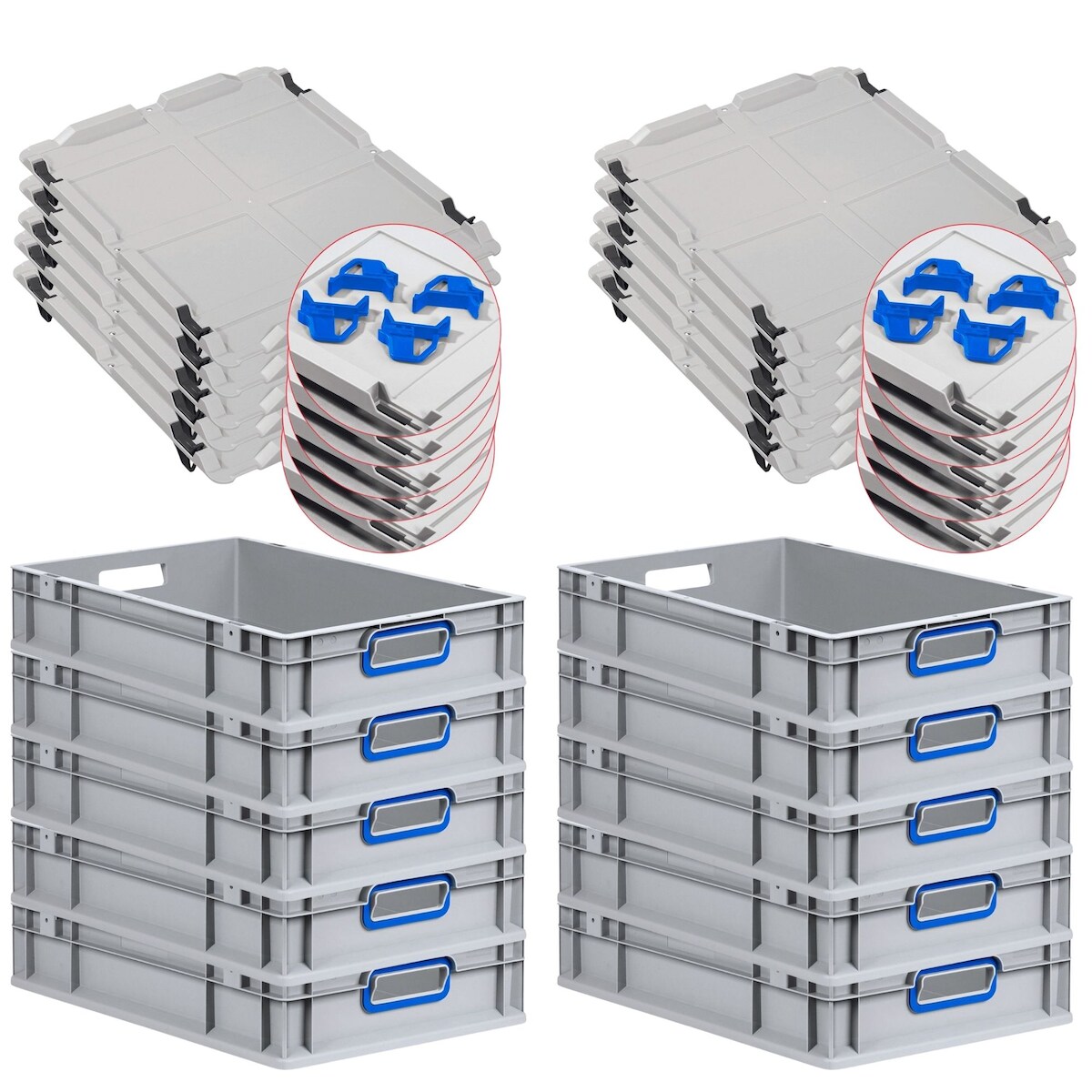 PROREGAL 10x Eurobox NextGen Color mit Auflagedeckel & Schiebeschnappverschlüsse | HxBxT 12x40x60cm | 23L | Griffe blau offen Image