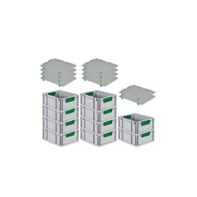 PROREGAL SuperSparSet 10x Eurobox NextGen Color mit Auflagedeckel & Verschlüsse, HxBxT 17x30x40cm, 16L, Grau, Griffe grün zu, Eurobehälter Image