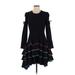 Viva Aviva Cocktail Dress - Fit & Flare Crew Neck Long sleeves: Black Stripes Dresses - Women's Size 4