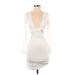 Shein Casual Dress - Mini Plunge Long sleeves: White Solid Dresses - Women's Size Small