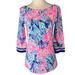 Lilly Pulitzer Tops | Lilly Pulitzer Fan Sea Blue Pink Floral Waverly Top 3/4 Sleeve Keyhole Back Top | Color: Blue/Pink | Size: Xxs