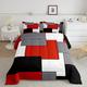 Erosebridal Red Grey White Black Bedding Set,Teens Geometric Square Comforter Set King,Youth Stripes Lines Quilted Duvet Warm Kids Boys Girls Modern Abstract Grid Down Comforter with 2 Pillowcases