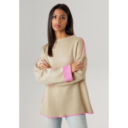 Strickpullover ANISTON SELECTED Gr. 40, beige (beige-rosa) Damen Pullover mit rosafarbenen Zierkanten