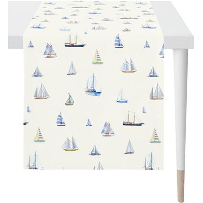 Tischläufer APELT "3911 OUTDOOR, Sommerdeko, Sommer", bunt (weiß, blau, bunt), B:48cm L:140cm, Polyacryl, Tischdecken, mit Schiff-Motiv im Digitaldruck Image