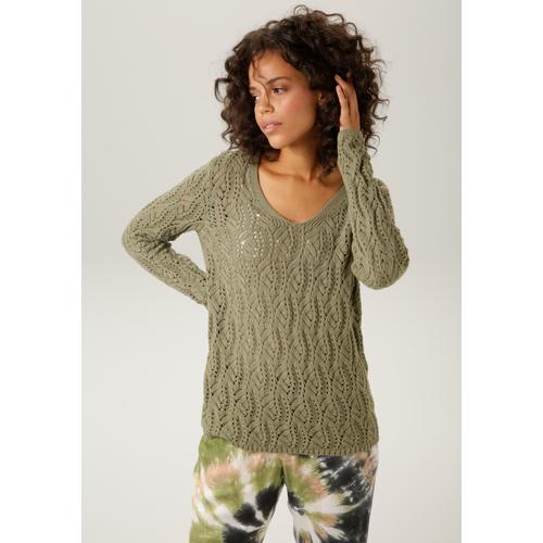 Strickpullover ANISTON CASUAL Gr. 42, grün (khaki) Damen Pullover mit trendigem Ajour-Muster