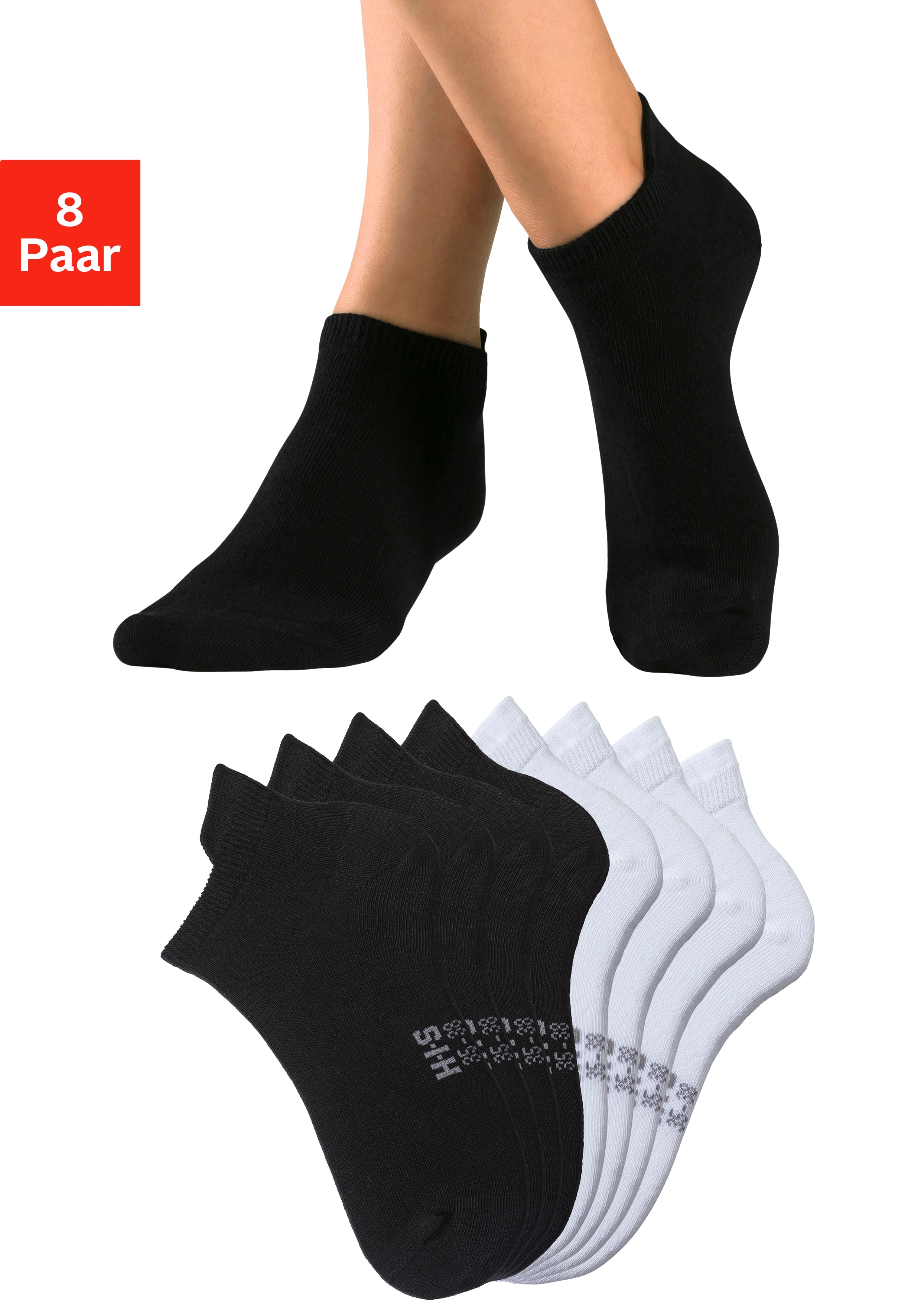 Sneakersocken H.I.S, Damen, Gr. 35-38, schwarz-weiß (4x schwarz, 4x weiß), Baumwollmischung, unifarben, elastisch, Socken, mit verlängertem Bündchen hinten Image