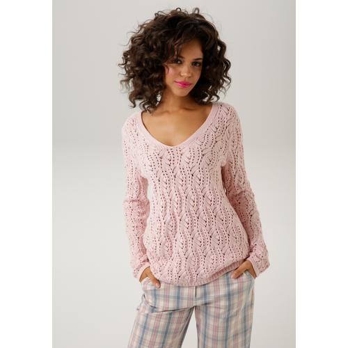 Strickpullover ANISTON CASUAL Gr. 38, rosa (rosé) Damen Pullover mit trendigem Ajour-Muster Bestseller