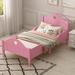 Light Pink Macaron Twin Size Toddler Bed w/ Side Safety Rails, Headboard Upholstered Platform Bed Frame for Kids, Girls, Boys