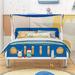 Twin Race Car Bed Wood Platform Bed w/ Storage Headboard&Footboard, Playhouse Car-Shaped Bed w/ Ceiling Cloth, White+Blue