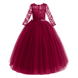 IBTOM CASTLE Flower Girls Long Floral Boho Lace Wedding Bridesmaid Dress 3/4 Sleeves Princess Puffy Maxi Tulle Pageant Formal Party Gowns 3-4 Years Wine Red