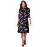 Plus Size Women's Ultrasmooth® Fabric Boatneck Swing Dress by Roaman's in Purple Rose Floral (Size 34/36) Stretch Jersey 3/4 Sleeve Dress