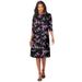 Plus Size Women's Ultrasmooth® Fabric Boatneck Swing Dress by Roaman's in Purple Rose Floral (Size 34/36) Stretch Jersey 3/4 Sleeve Dress