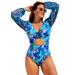 Plus Size Women's Cup Sized Chiffon Sleeve One Piece Swimsuit by Swimsuits For All in Blue Watercolor Floral (Size 16 G/H)