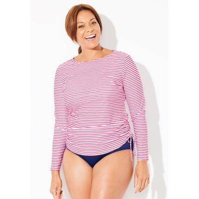 Plus Size Women's Chlorine Resistant Side-Tie Long Sleeve Swim Shirt Rash Guard by Swimsuits For All in Fire Coral Stripe (Size 22)