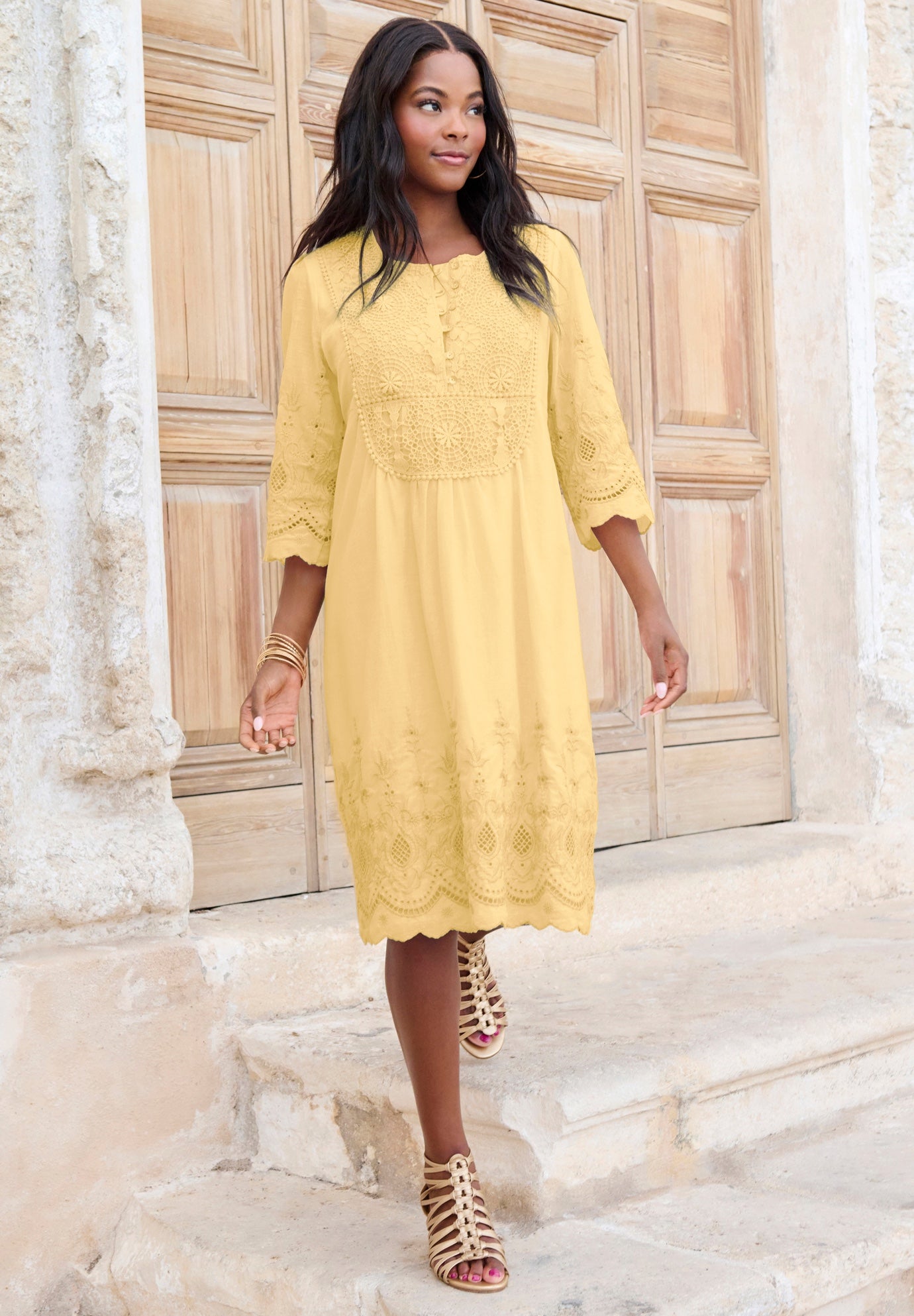 Plus Size Women's Cotton Lace Dress by Roaman's in Banana (Size 20 W)