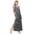 Plus Size Women's Ultrasmooth® Fabric Cold-Shoulder Maxi Dress by Roaman's in Black White Floral (Size 26/28)