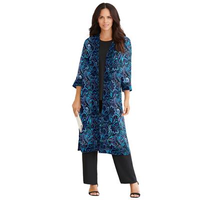 Plus Size Women's Three-Piece Duster & Pant Suit by Roaman's in Black Layered Paisley (Size 18 W) Formal Sheer Duster Pull On Wide Leg