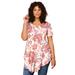 Plus Size Women's Swing Ultra Femme Tunic by Roaman's in Coral Watercolor Paisley (Size 18/20) Short Sleeve V-Neck Shirt