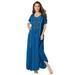 Plus Size Women's A-Line Embroidered Crinkle Maxi by Roaman's in Blue Folk Embroidery (Size 18/20)