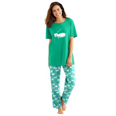 Plus Size Women's Graphic Tee PJ Set by Dreams & Co. in Tropical Emerald Cat (Size 1X) Pajamas